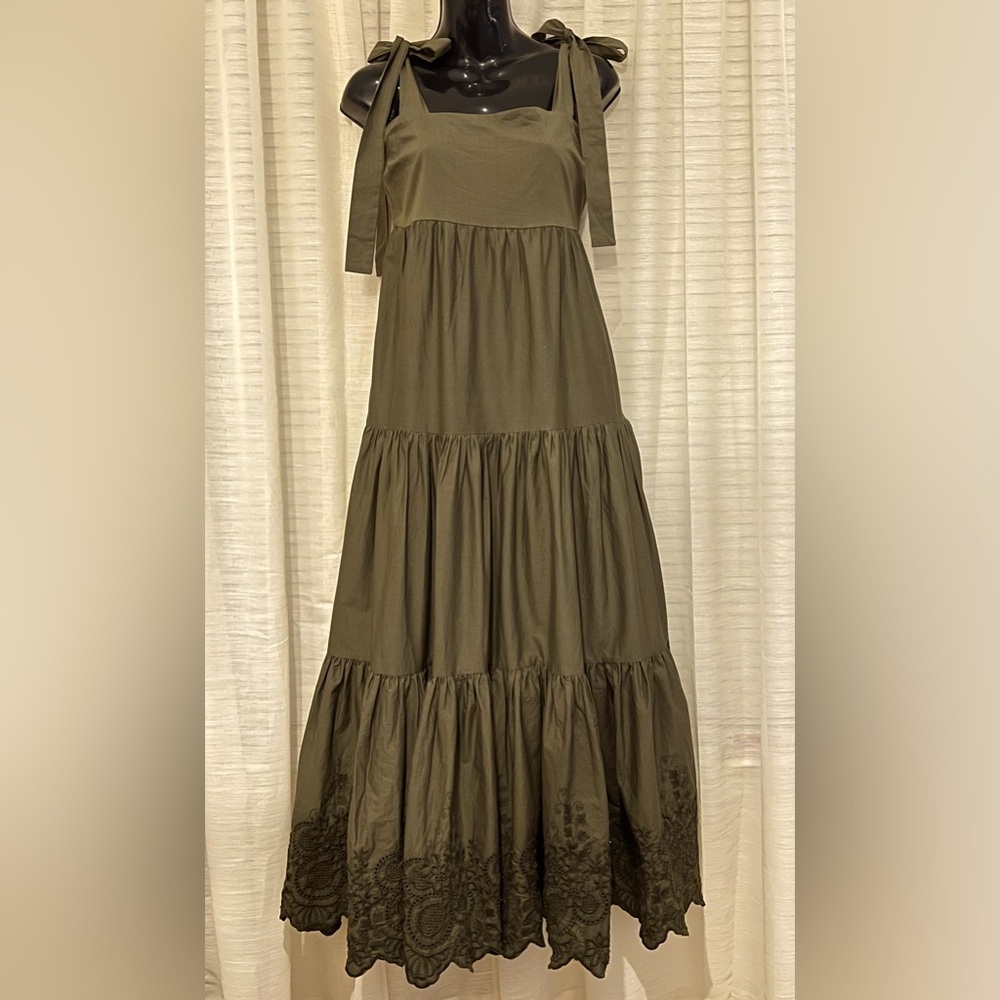 Jason Wu Olive Green Floral Embroidered Tiered Smocked Maxi Dress Size S